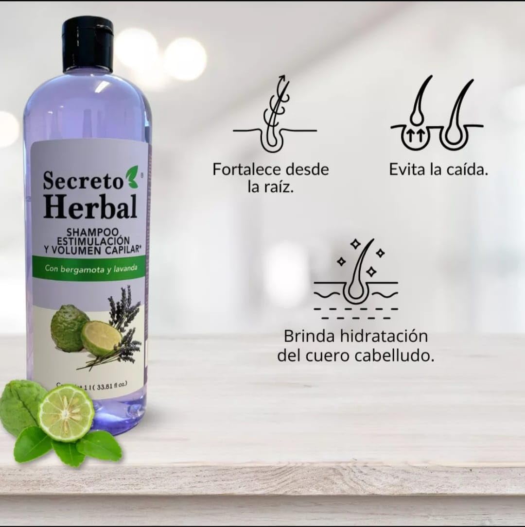 Secreto Herbal ESTIMULACION Y VOLUMEN CAPILAR bergamota y lavanda, 33.81 Fl Oz (Pack of 1) (1L, SHAMPOO BERGAMOTA Y LAVANDA)