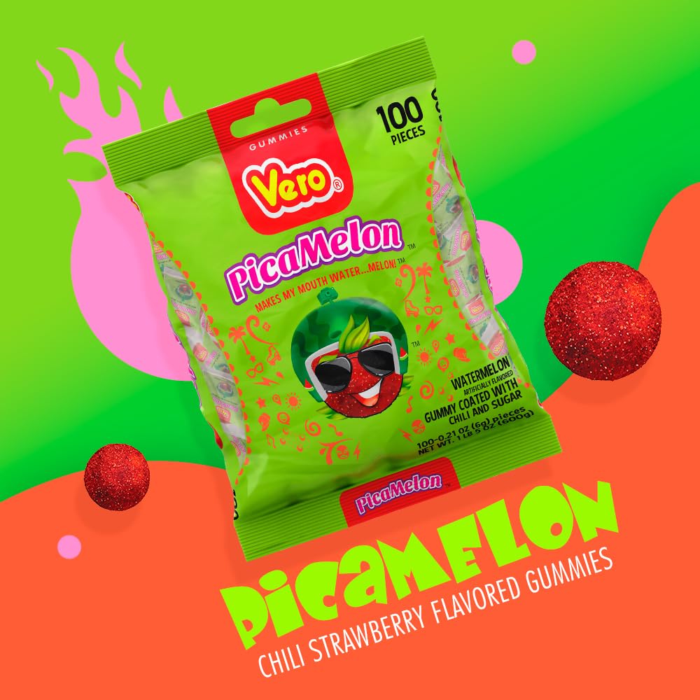 Vero Picamelon - Watermelon Flavored Chewy Gummy Treats Coated in Chili Powder 100 Pieces (Net Wt. 1 Lb, 5,15 Ounces) - Individually Wrapped Mexican Candy Gummies for Piñatas, Halloween, and More