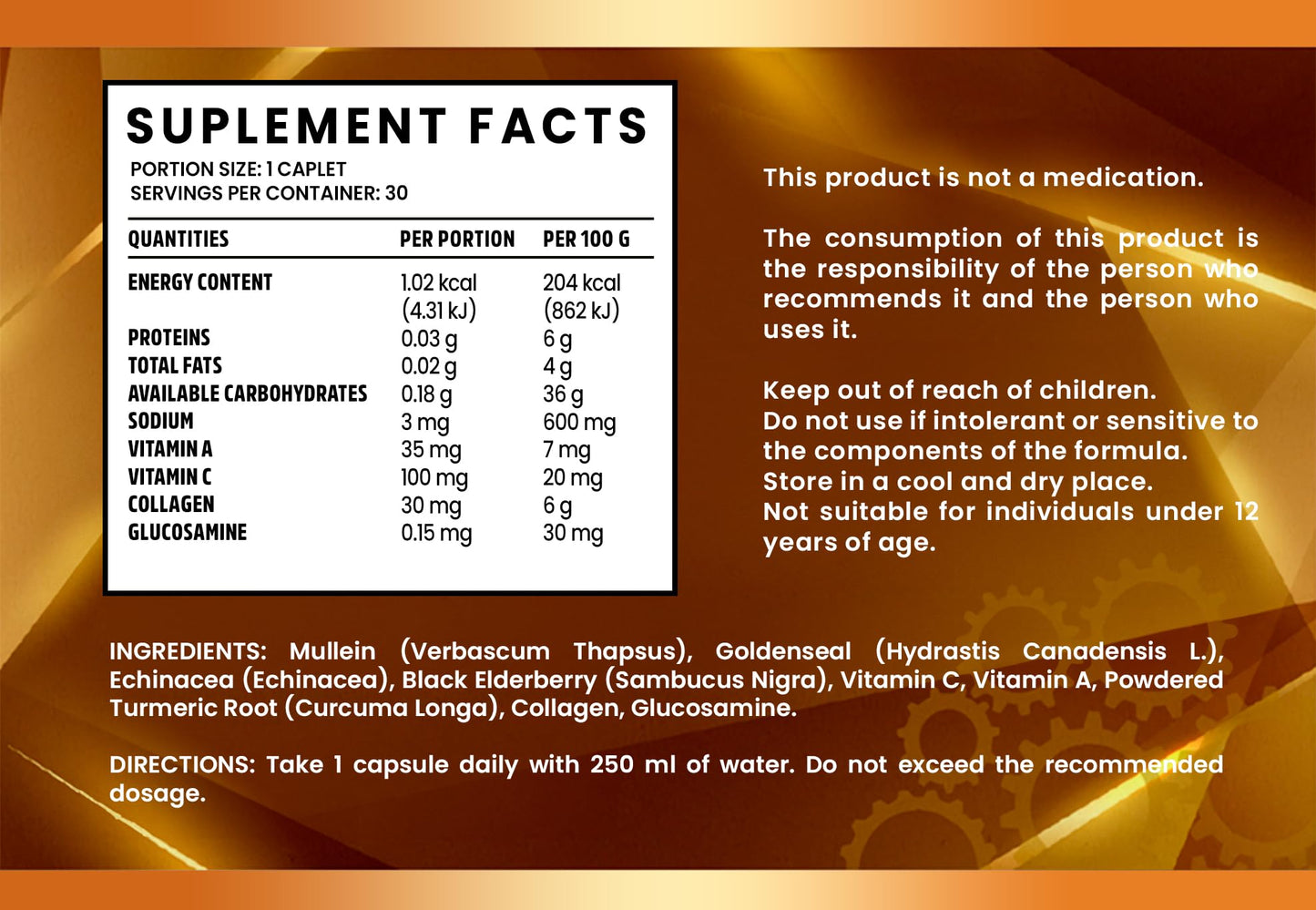 Ultra Advance Golden Ultimate Natural Supplement for imnmune System Support with Vitamin C, Vitamin A, Glucosamine Chondroitin Formula. Vegan, Non GMO, 30 Caps (Golden)