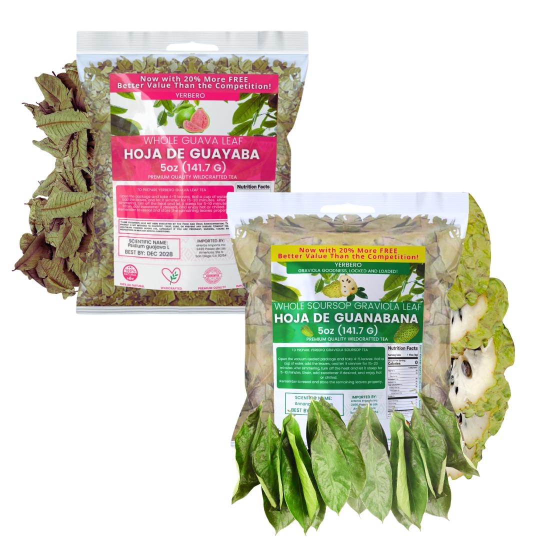 Herbalista Viral Herbal Tea Bundle - Graviola Soursop Guanabana Leaf + Guava Leaf 5oz (141g) Each - Premium Whole Sun Dried Leaves - Calidad Premium, 100% All Natural Delicious Fresh Tea | From Mexico | Premium Wildcrafted.