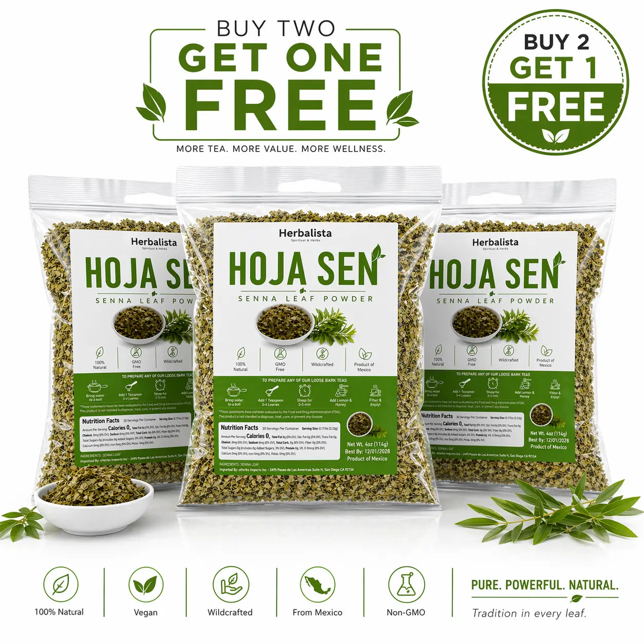 Hoja Sen Senna Loose Leaf Tea 4oz (114g) (3-Pack)