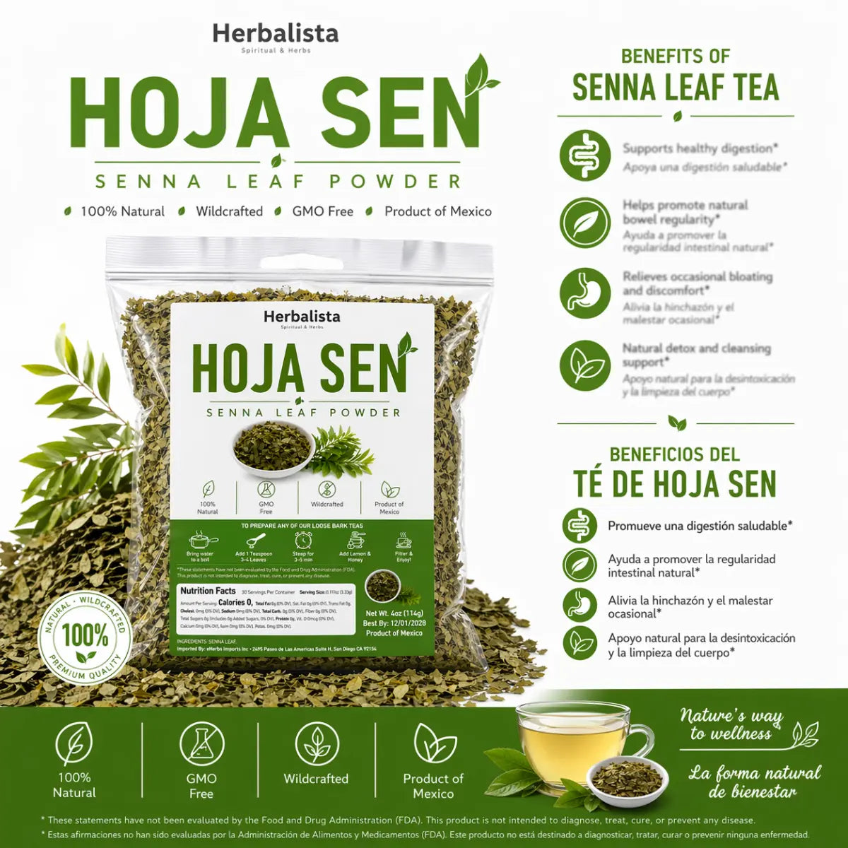 Hoja Sen Polvo (Senna Leaf Powder ) - 8oz (226g)