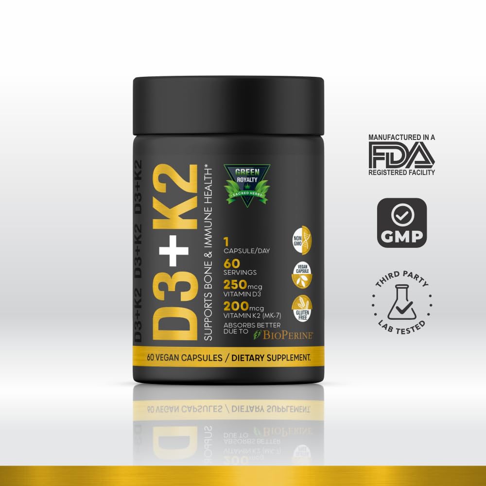 GREEN ROYALTY Vitamin D3 10000 IU + K2 200mcg Soft-Gels | 2-in-1 D3+K2| Infused with Virgin Coconut Oil, Supplement for Immune, Heart, Joint, Teeth & Bone Health - 60 Easy-to-Swallow Capsules