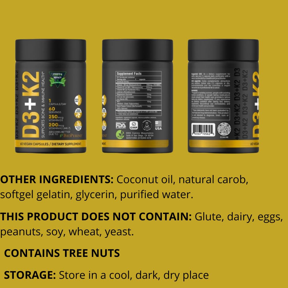 GREEN ROYALTY Vitamin D3 10000 IU + K2 200mcg Soft-Gels | 2-in-1 D3+K2| Infused with Virgin Coconut Oil, Supplement for Immune, Heart, Joint, Teeth & Bone Health - 60 Easy-to-Swallow Capsules