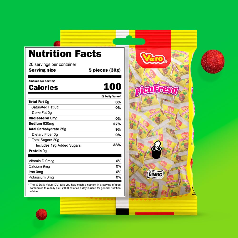 Vero PicaFresa - Strawberry Flavored Chewy Gummy Candy Treats - 100 Piece - (1 LB, 5.15 Ounces Each) - Individually Wrapped Mexican Candy Perfect for Piñatas, Halloween, and More