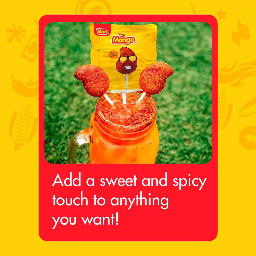 Vero Mango Lollipops Coated with Chili Powder, Hot and Sweet Candy Treat, Artificially Flavored, Net Wt. 1.39 Pound, 40 Count Bag