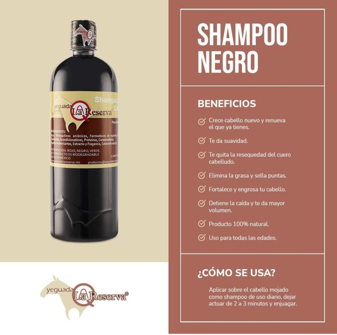 Yeguada La Reserva Shampoo de Caballo Negro para Cabello Fuerte, Sano y Hermoso (botella de 1 litro, color oscuro)