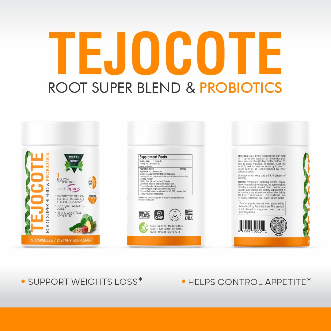 GREEN ROYALTY TEJOCOTE Root Super Blend & PROBIOTICS (60Cap) Weight Loss Premium Dietary Supplement | 1 Billion PROBIOTICS | Support Weight Loss |Helps Control Appetite - 2 Month Supply