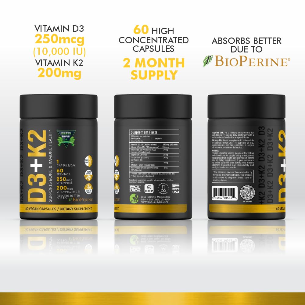 GREEN ROYALTY Vitamin D3 10000 IU + K2 200mcg Soft-Gels | 2-in-1 D3+K2| Infused with Virgin Coconut Oil, Supplement for Immune, Heart, Joint, Teeth & Bone Health - 60 Easy-to-Swallow Capsules