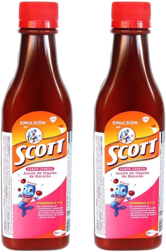 Emulsion de Scott Aceite de hígado de bacalao sabor Cereza - pack de 2 de 6.1 fl oz - 180 ml - con vitamina A y calcio, suplemento dietético para niños, despensa colombiana