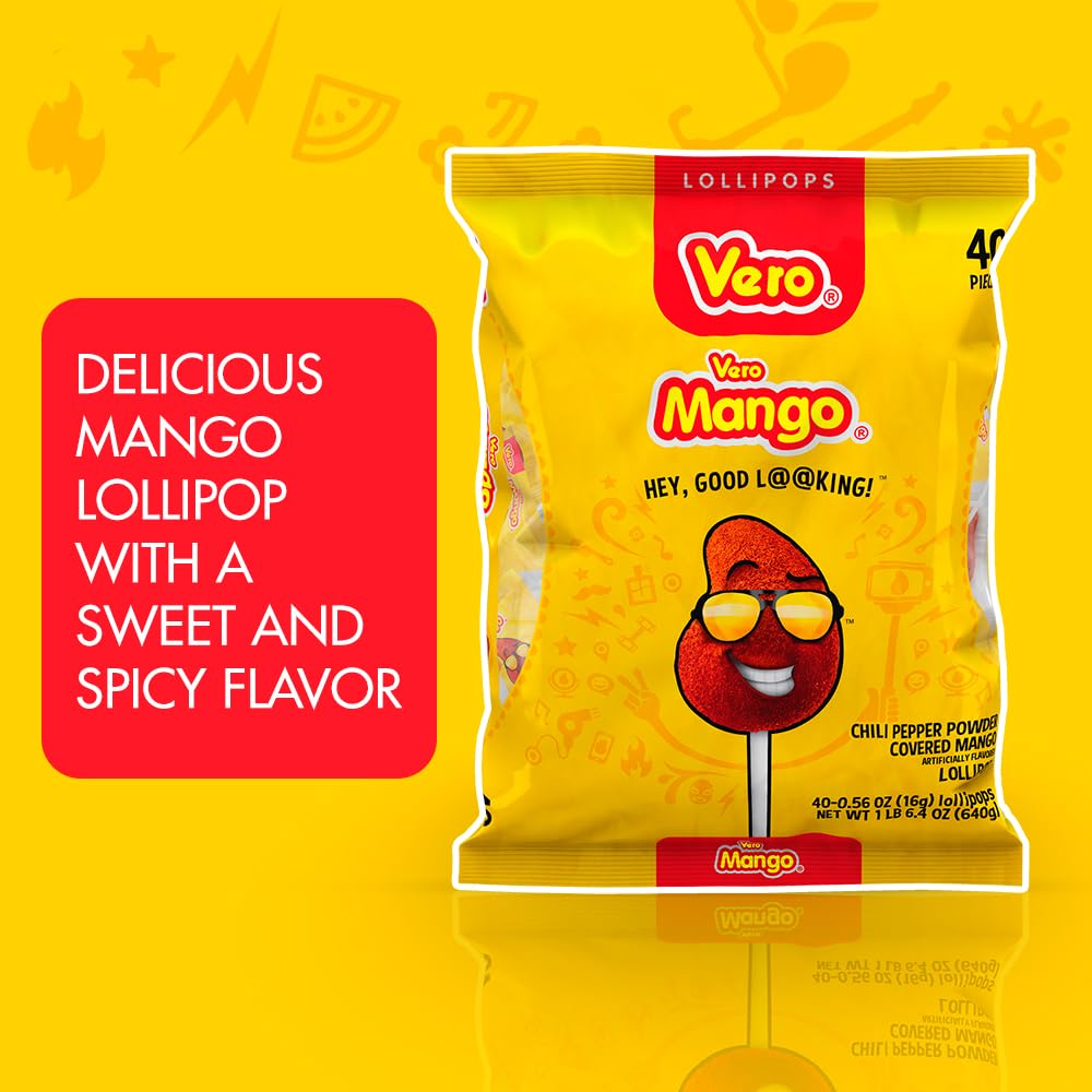Vero Mango Lollipops Coated with Chili Powder, Hot and Sweet Candy Treat, Artificially Flavored, Net Wt. 1.39 Pound, 40 Count Bag