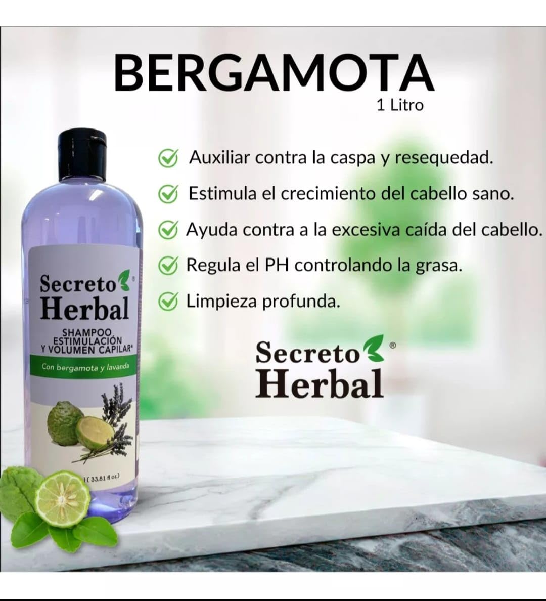 Secreto Herbal ESTIMULACION Y VOLUMEN CAPILAR bergamota y lavanda, 33.81 Fl Oz (Pack of 1) (1L, SHAMPOO BERGAMOTA Y LAVANDA)