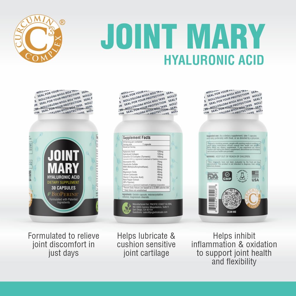 JOINT MARY Hyaluronic Acid Supplement– Advanced Joint Support with Hydrolyzed Collagen, Turmeric, Glucosamine, MSM, Vitamin C – 30 Capsules