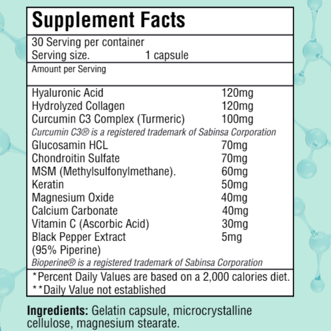 JOINT MARY Hyaluronic Acid Supplement– Advanced Joint Support with Hydrolyzed Collagen, Turmeric, Glucosamine, MSM, Vitamin C – 30 Capsules