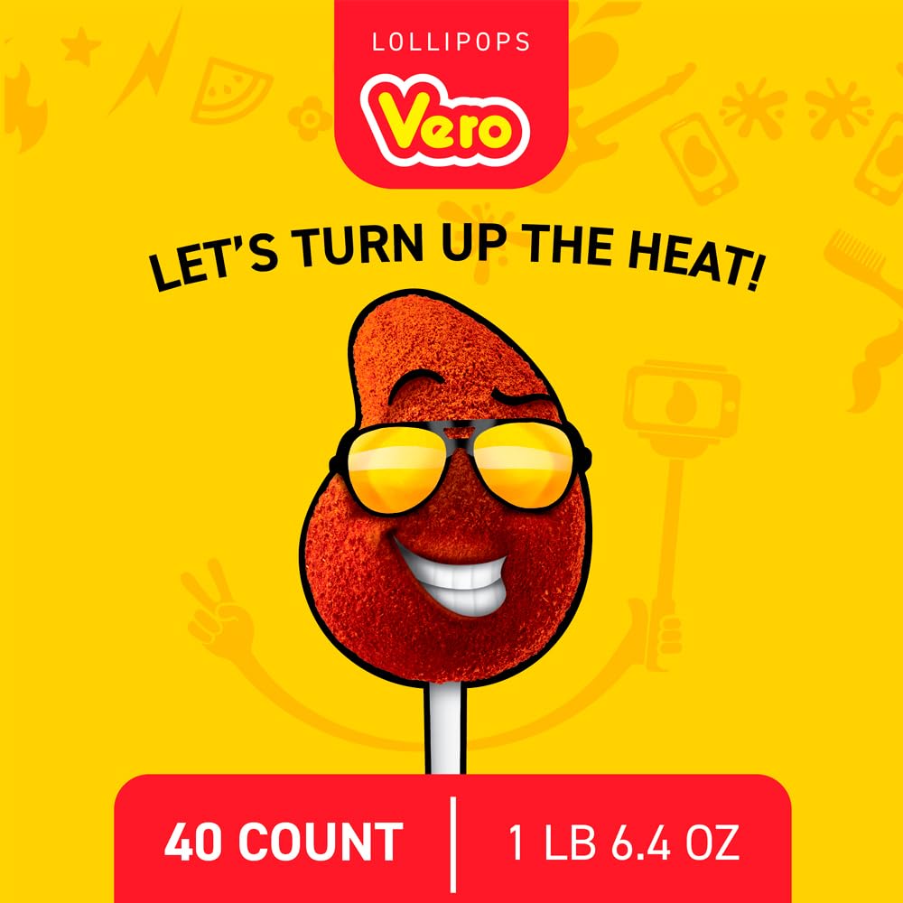 Vero Mango Lollipops Coated with Chili Powder, Hot and Sweet Candy Treat, Artificially Flavored, Net Wt. 1.39 Pound, 40 Count Bag