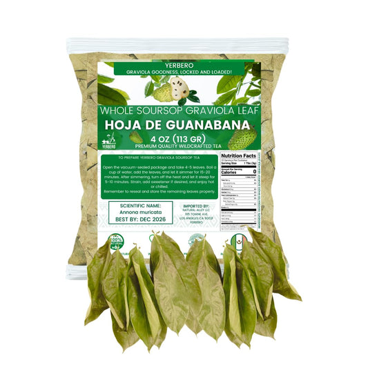 Yerbero - Premium Whole Sun Dried Graviola Soursop Leaves (4 oz - 330+ Leaves Per Bag) Hoja De Guanabana Entera Calidad Premium, 100% All Natural Delicious Fresh Tea | From Mexico | Premium Wildcrafted Quality.