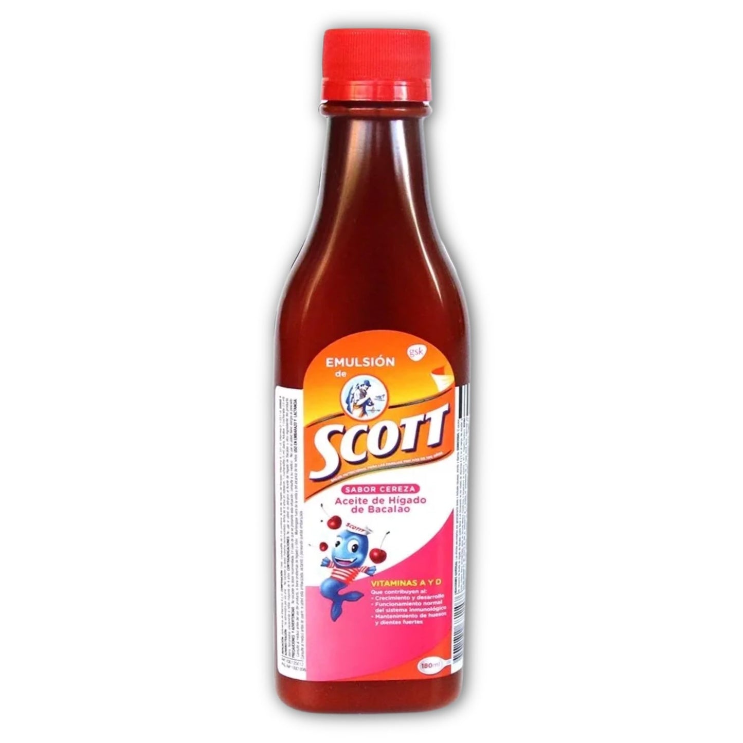 Emulsion de Scott Aceite de hígado de bacalao sabor Cereza - pack de 2 de 6.1 fl oz - 180 ml - con vitamina A y calcio, suplemento dietético para niños, despensa colombiana