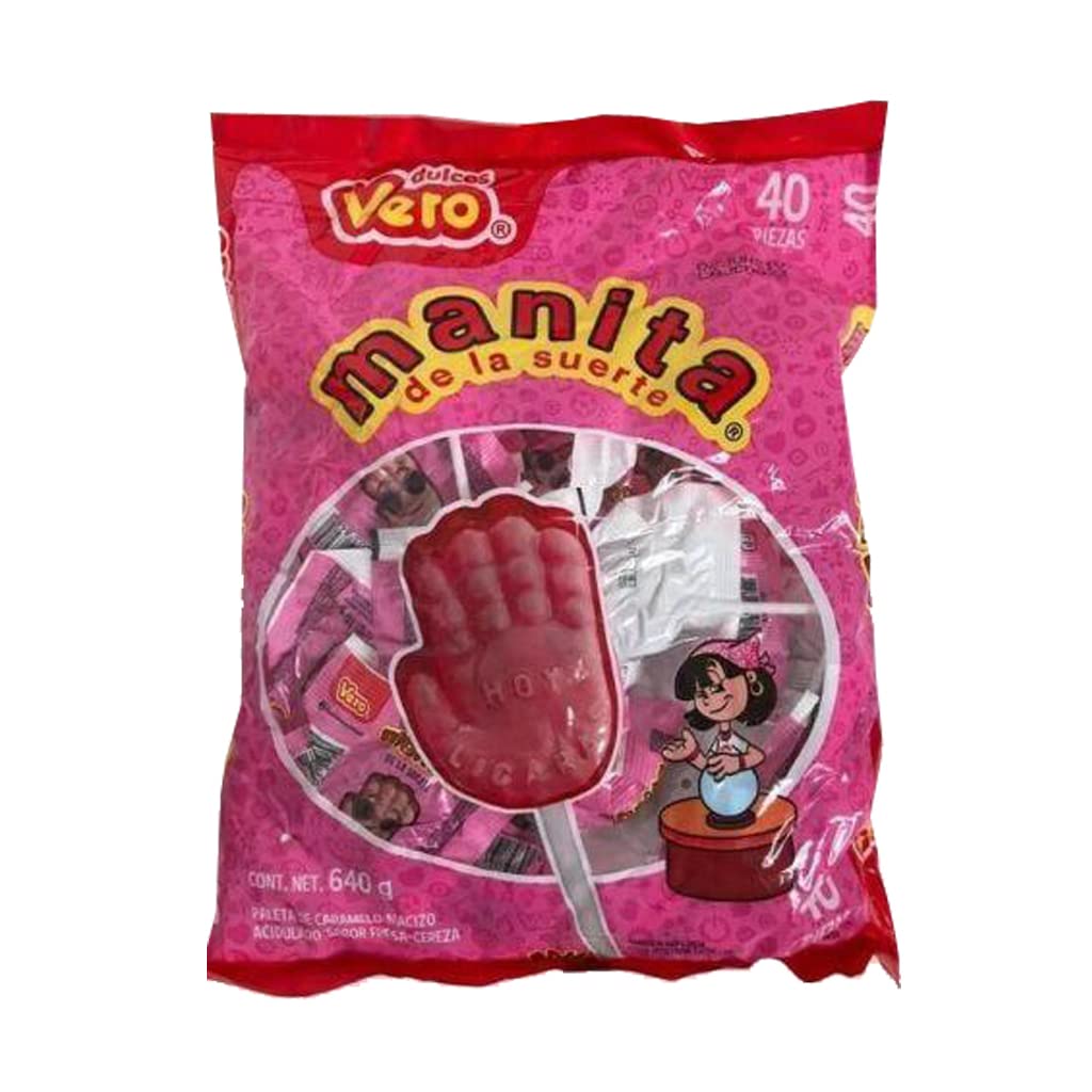 Vero Manita Paletas Strawberry & Cherry Flavored Lollipop (40 Count Bag) - Individually Wrapped Lollipops - Mexican Candy - Paletas Mexicanas Sabor Fresa
