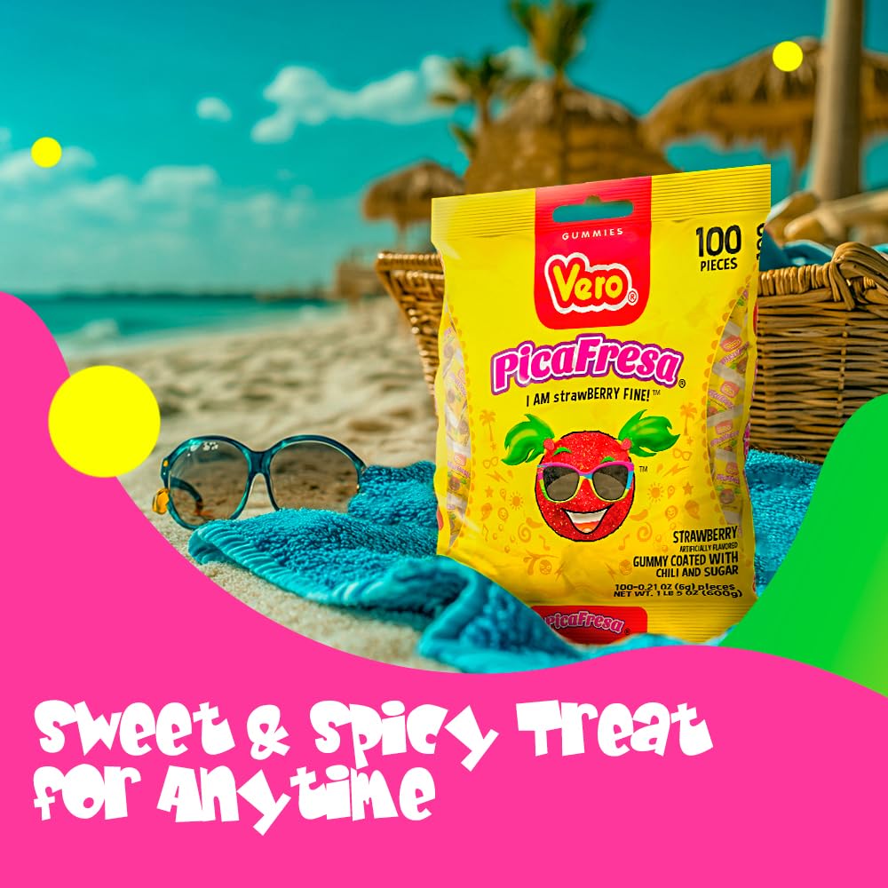 Vero PicaFresa - Strawberry Flavored Chewy Gummy Candy Treats - 100 Piece - (1 LB, 5.15 Ounces Each) - Individually Wrapped Mexican Candy Perfect for Piñatas, Halloween, and More