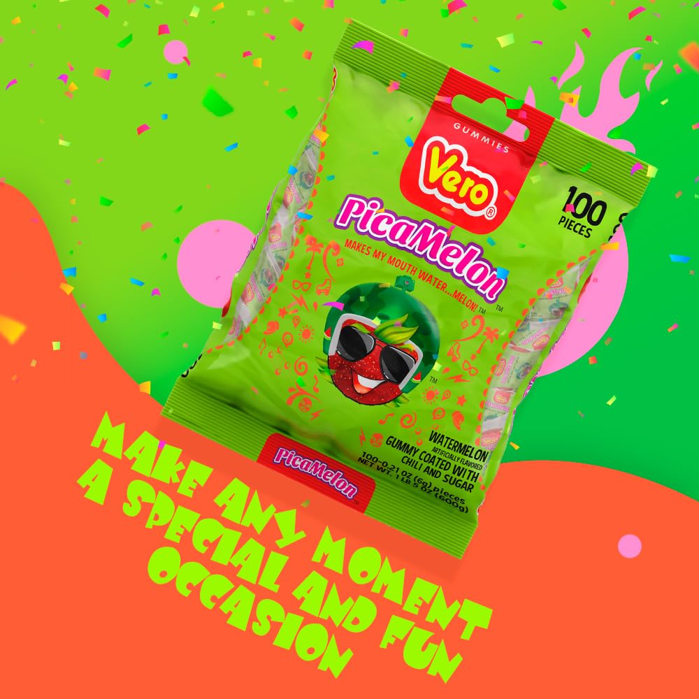 Vero Picamelon - Watermelon Flavored Chewy Gummy Treats Coated in Chili Powder 100 Pieces (Net Wt. 1 Lb, 5,15 Ounces) - Individually Wrapped Mexican Candy Gummies for Piñatas, Halloween, and More