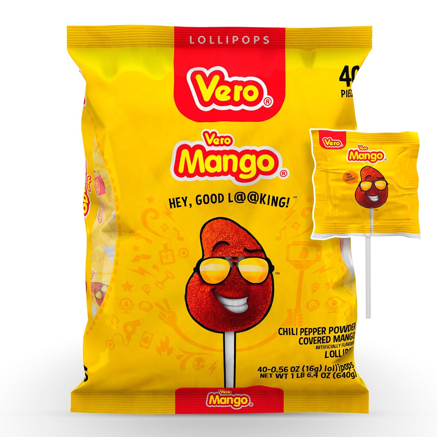 Vero Mango Lollipops Coated with Chili Powder, Hot and Sweet Candy Treat, Artificially Flavored, Net Wt. 1.39 Pound, 40 Count Bag