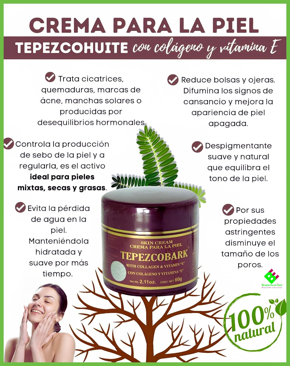 Tepezcohuite Cream (Tepezcobark), with Collagen (Colageno) & Vitamin E, 2.11oz, 60 gr, in E, 100% Natura, great for all skin concerns