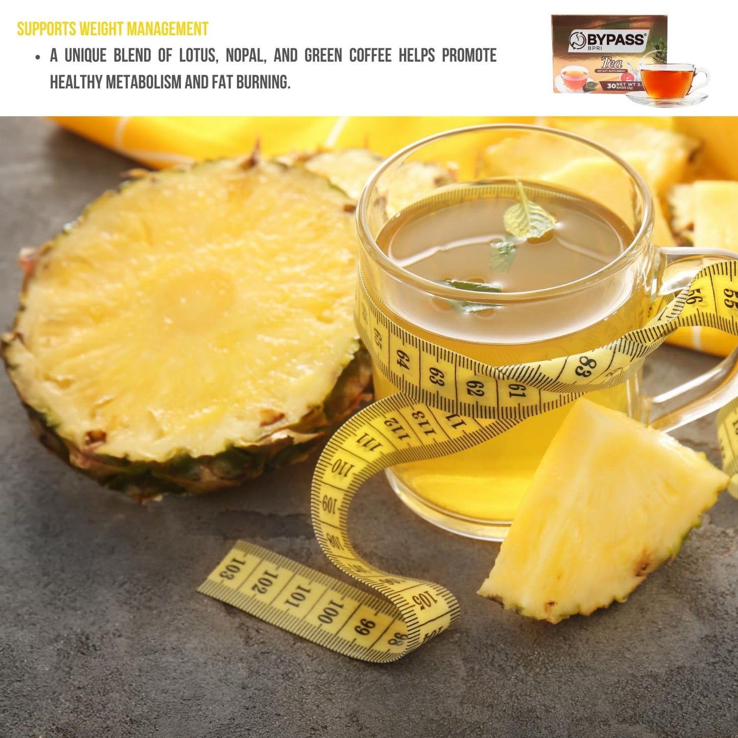 Bypass Bpri - Herbal Tea 30 Tea Bags 0.11oz (3g) | Net Wt. 3.2oz | Tea Based Lotus, Nopal, Green Coffee, Pineapple, Grapefruit.
