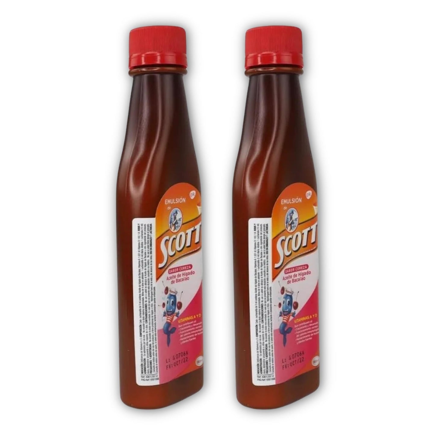 Emulsion de Scott Aceite de hígado de bacalao sabor Cereza - pack de 2 de 6.1 fl oz - 180 ml - con vitamina A y calcio, suplemento dietético para niños, despensa colombiana