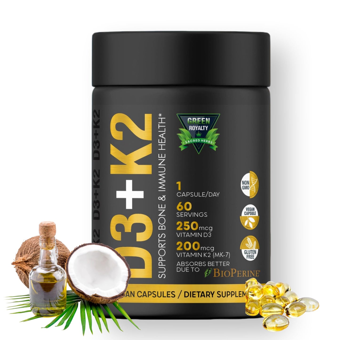 GREEN ROYALTY Vitamin D3 10000 IU + K2 200mcg Soft-Gels | 2-in-1 D3+K2| Infused with Virgin Coconut Oil, Supplement for Immune, Heart, Joint, Teeth & Bone Health - 60 Easy-to-Swallow Capsules