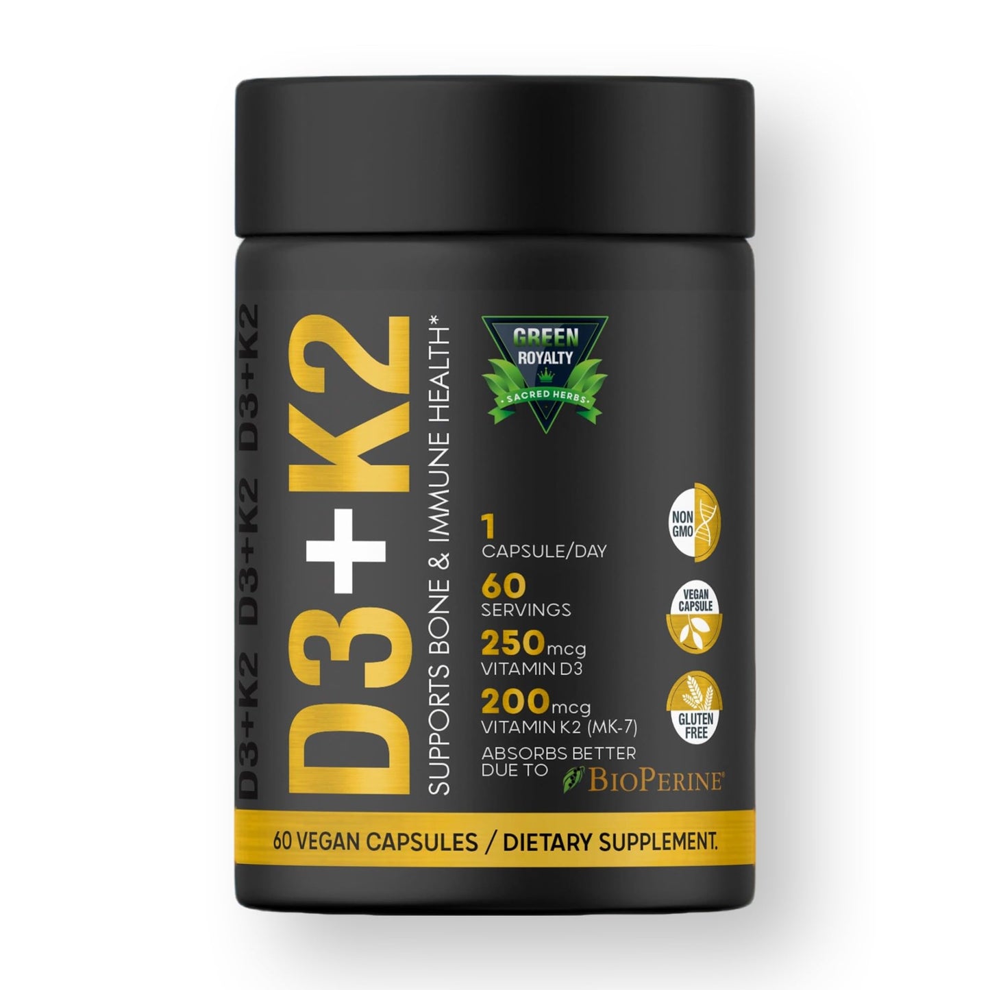 GREEN ROYALTY Vitamin D3 10000 IU + K2 200mcg Soft-Gels | 2-in-1 D3+K2| Infused with Virgin Coconut Oil, Supplement for Immune, Heart, Joint, Teeth & Bone Health - 60 Easy-to-Swallow Capsules