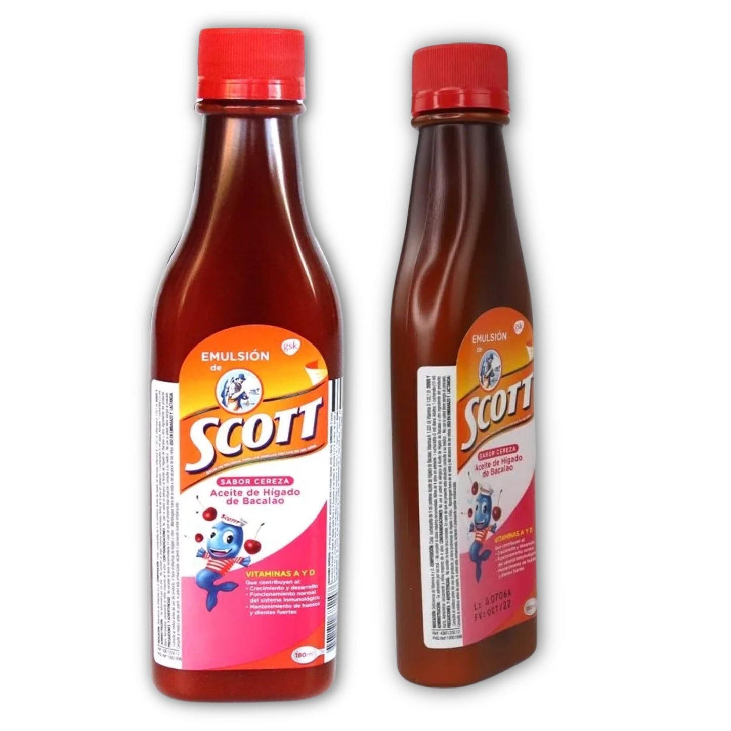 Emulsion de Scott Aceite de hígado de bacalao sabor Cereza - pack de 2 de 6.1 fl oz - 180 ml - con vitamina A y calcio, suplemento dietético para niños, despensa colombiana