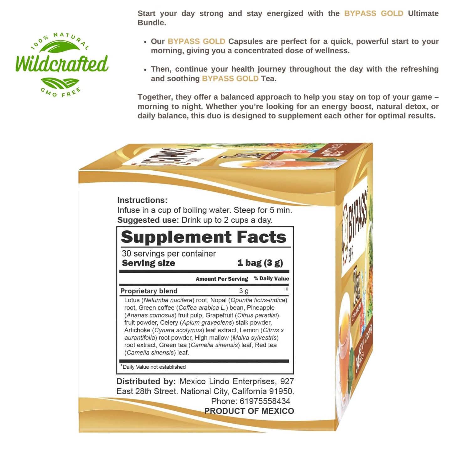 Bypass Bpri - Herbal Tea 30 Tea Bags 0.11oz (3g) | Net Wt. 3.2oz | Tea Based Lotus, Nopal, Green Coffee, Pineapple, Grapefruit.