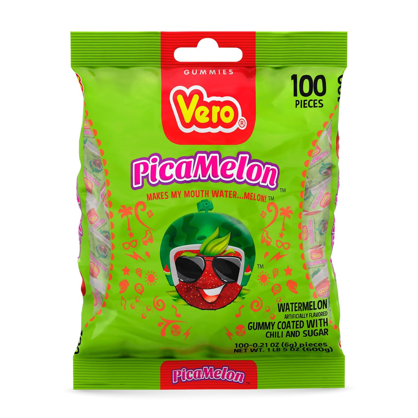 Vero Picamelon - Watermelon Flavored Chewy Gummy Treats Coated in Chili Powder 100 Pieces (Net Wt. 1 Lb, 5,15 Ounces) - Individually Wrapped Mexican Candy Gummies for Piñatas, Halloween, and More