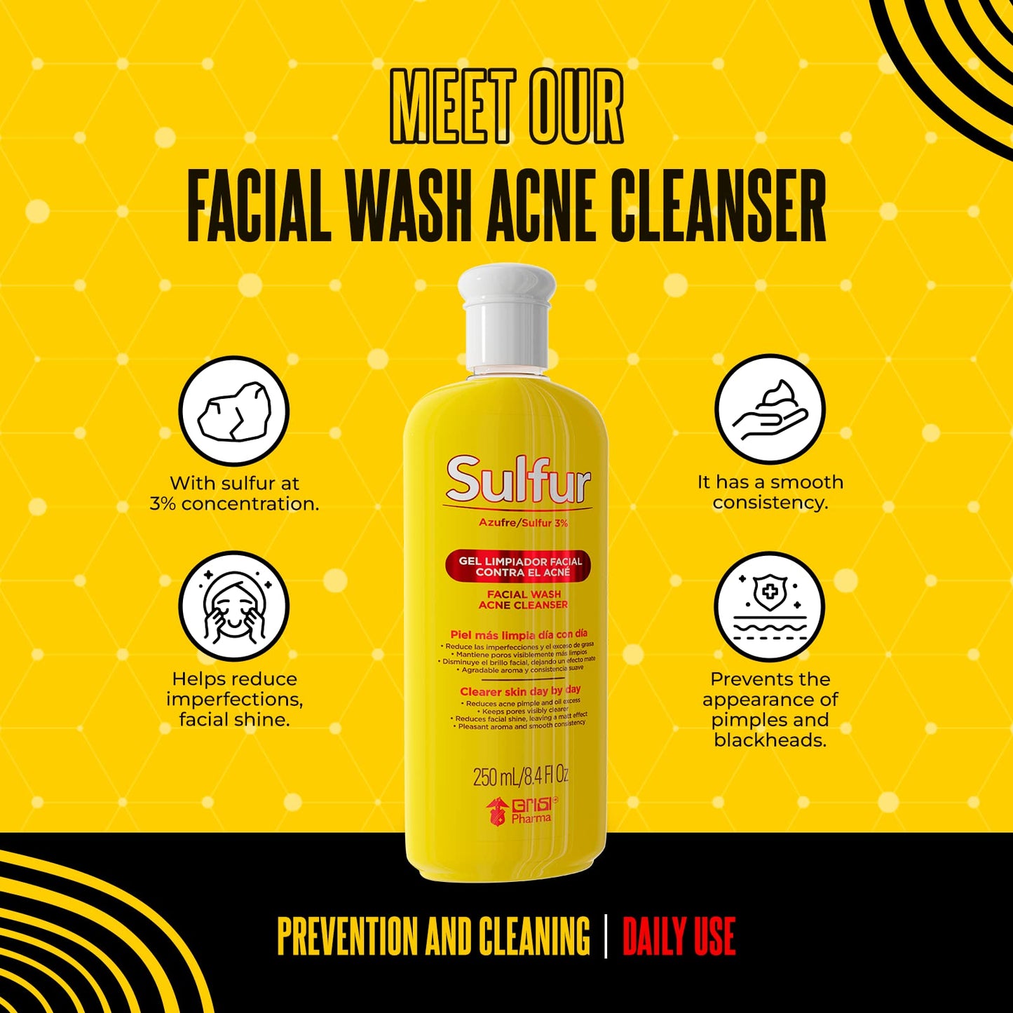 Sulfur Grisi, Facial Wash and Cleanser, Reduces Oil Excess Pimples. 8.4 Fl Oz, Bottle