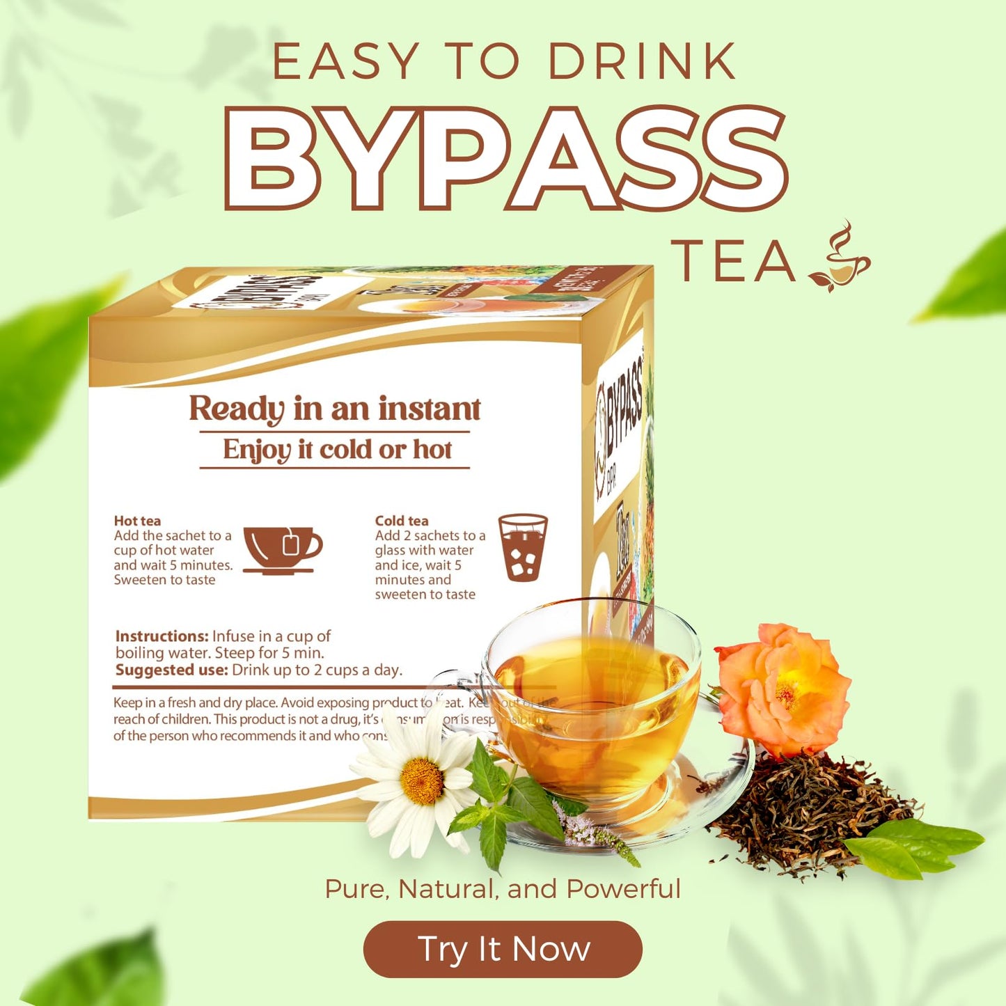 Bypass Bpri - Herbal Tea 30 Tea Bags 0.11oz (3g) | Net Wt. 3.2oz | Tea Based Lotus, Nopal, Green Coffee, Pineapple, Grapefruit.