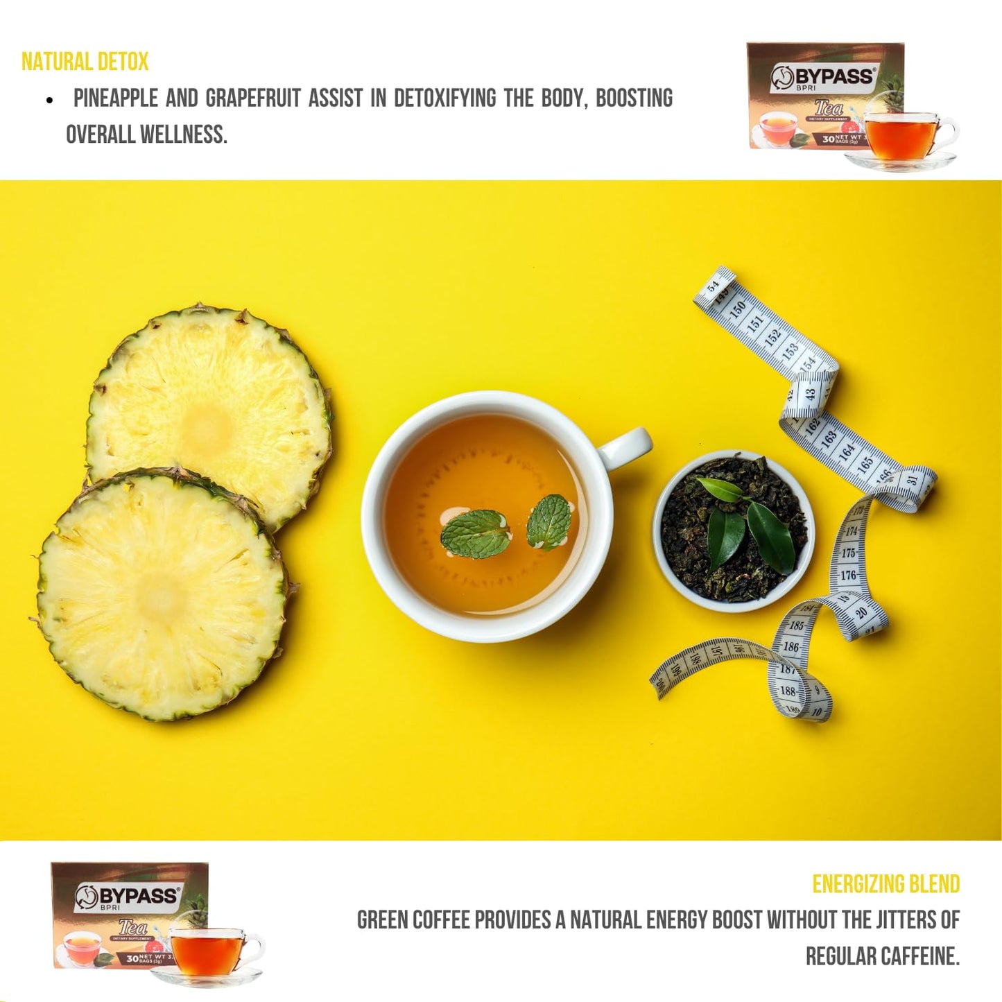 Bypass Bpri - Herbal Tea 30 Tea Bags 0.11oz (3g) | Net Wt. 3.2oz | Tea Based Lotus, Nopal, Green Coffee, Pineapple, Grapefruit.