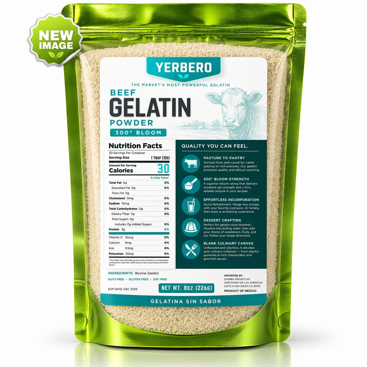 Yerbero - Premium Unflavored 300° Bloom Beef Gelatin Powder 8oz (226g) | Thickening Agent | Grenetina en Polvo Sin Sabor | Swiftly Solidifies, Stabilizes, and Enhances for Culinary & Baking Endeavors.