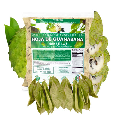 Yerbero Whole Graviola (Soursop) Leaves (4oz - 300+ Leaves Per Bag)