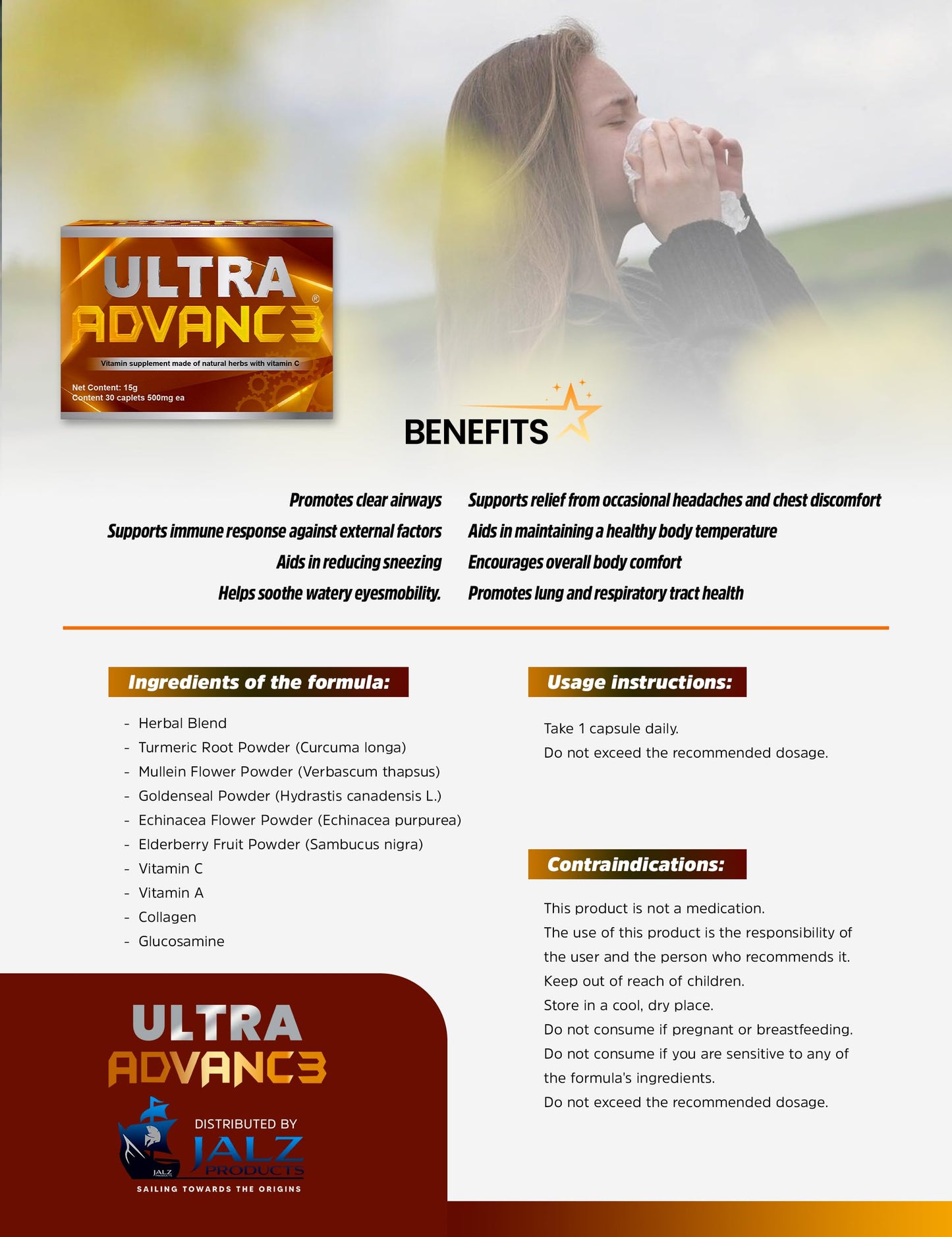 Ultra Advance Golden Ultimate Natural Supplement for imnmune System Support with Vitamin C, Vitamin A, Glucosamine Chondroitin Formula. Vegan, Non GMO, 30 Caps (Golden)