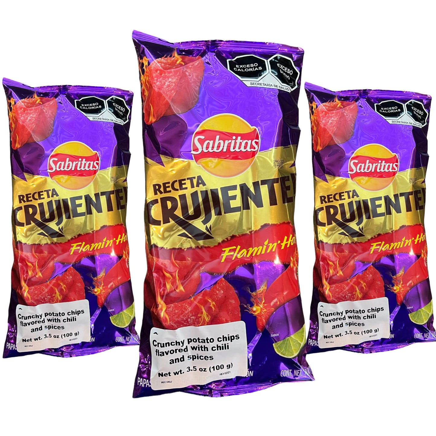 Receta Crujiente Flamin' Hot (3 Pack) 3.5 oz - Mexican Large Chips - Botanas Mexicanas Bolsa Grande