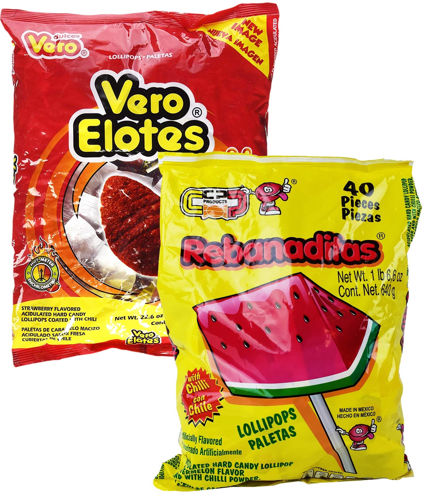 Vero Elote Strawberry Flavored and Rebanaditas Watermelon Paletas Con Chile - Spicy Chili Lollipops - Mexican Spicy Candy Kit - 2 Pack - 80 Pieces Total