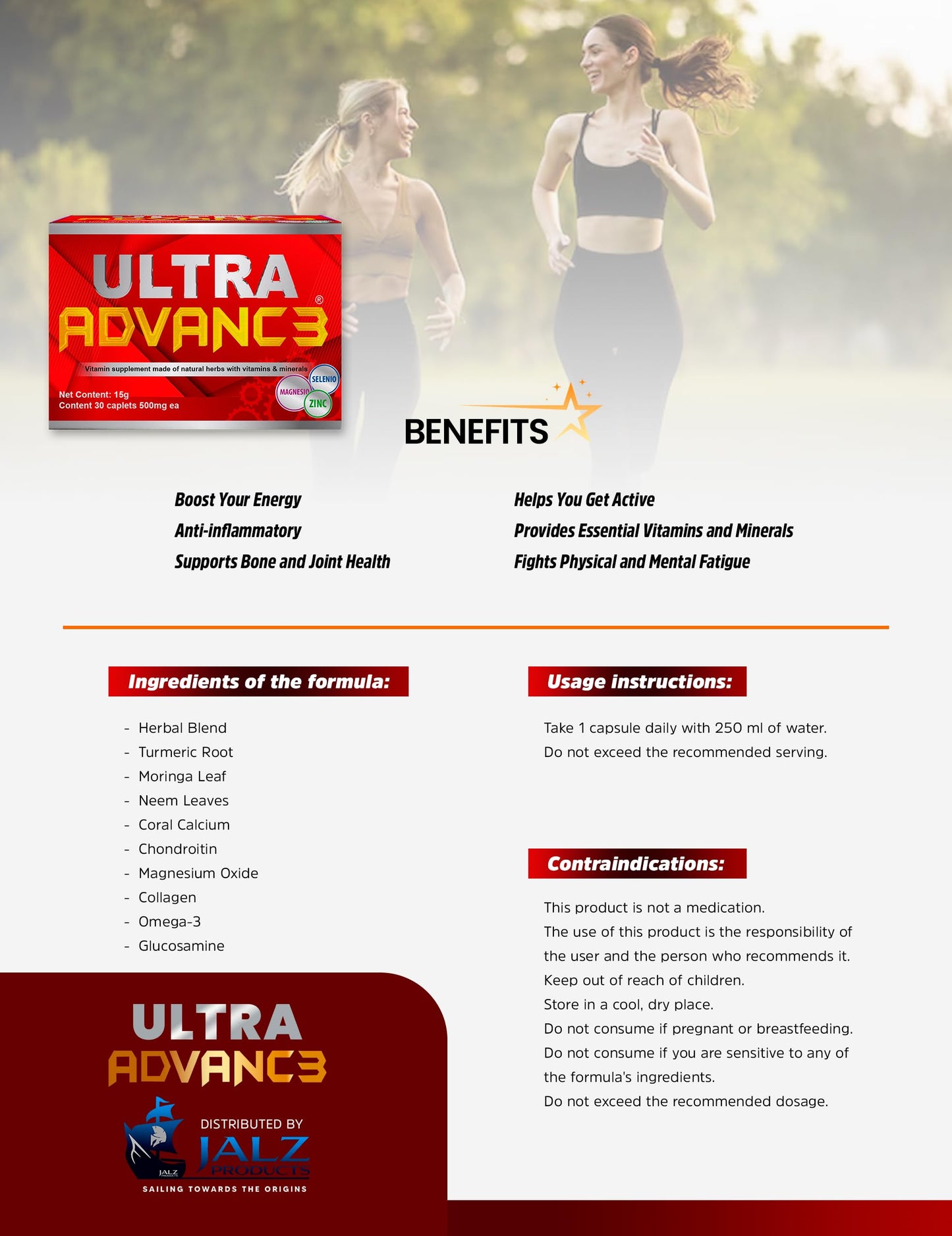 Ultra Advance (ENERGY RED) Extra Magnesium, Extra Zinc and Extra Selenio Ultimate Joint Support with Many with B vitamins, Zinc, Multivatamins Chondroitin Formula. Vegan, Non GMO, 30 Caps (ENERGY RED)