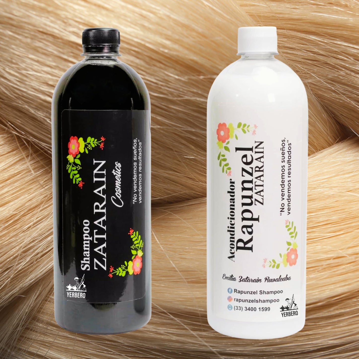 Yerbero - Rapunzel Zatarain Shampoo + Conditioner 2 Piece Bundle | 1Lt (33.81 Fl Oz) | 100% Natural & Genuine | Herbal Artisan Made Shampoo | Imported From Mexico.