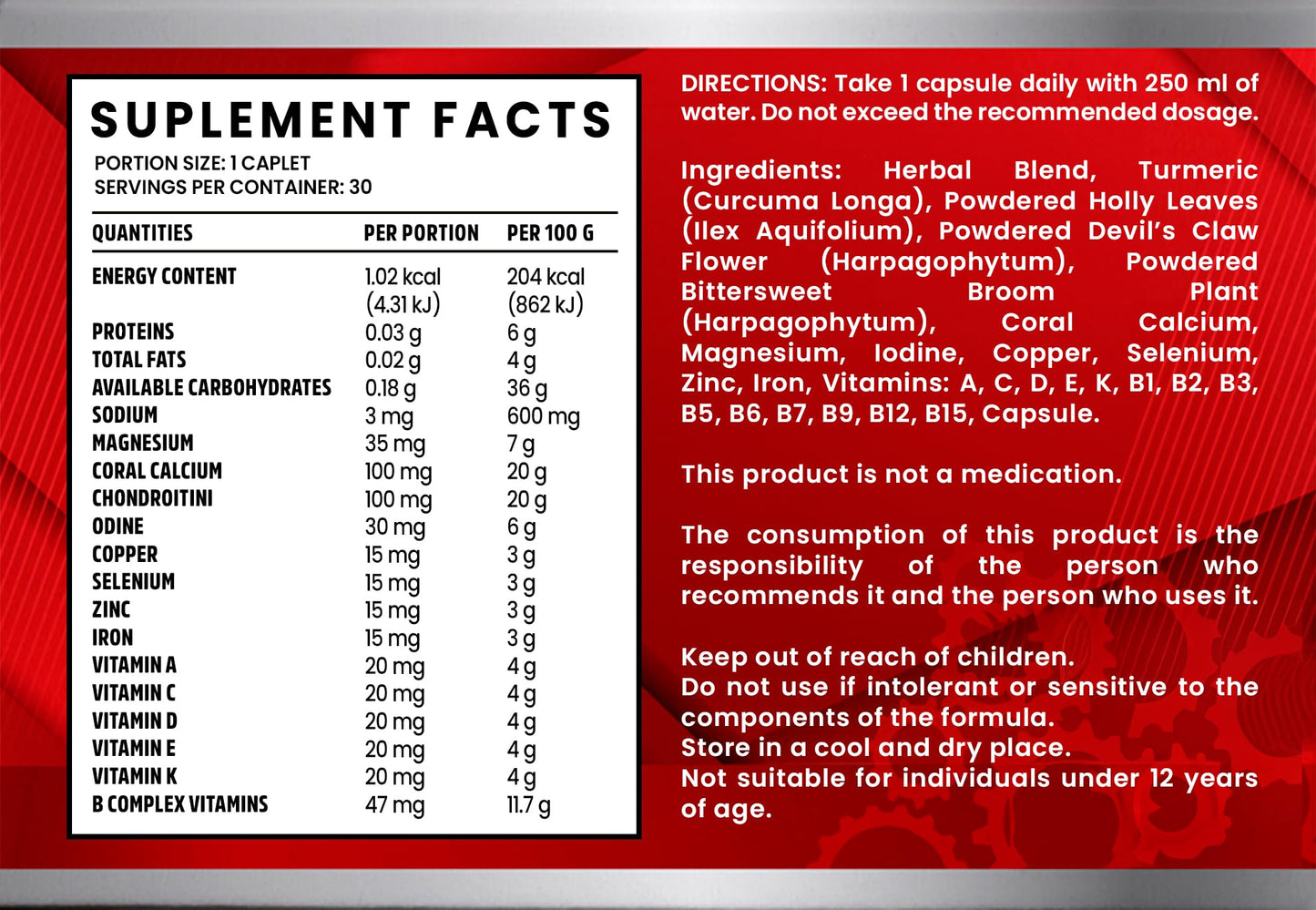 Ultra Advance (ENERGY RED) Extra Magnesium, Extra Zinc and Extra Selenio Ultimate Joint Support with Many with B vitamins, Zinc, Multivatamins Chondroitin Formula. Vegan, Non GMO, 30 Caps (ENERGY RED)