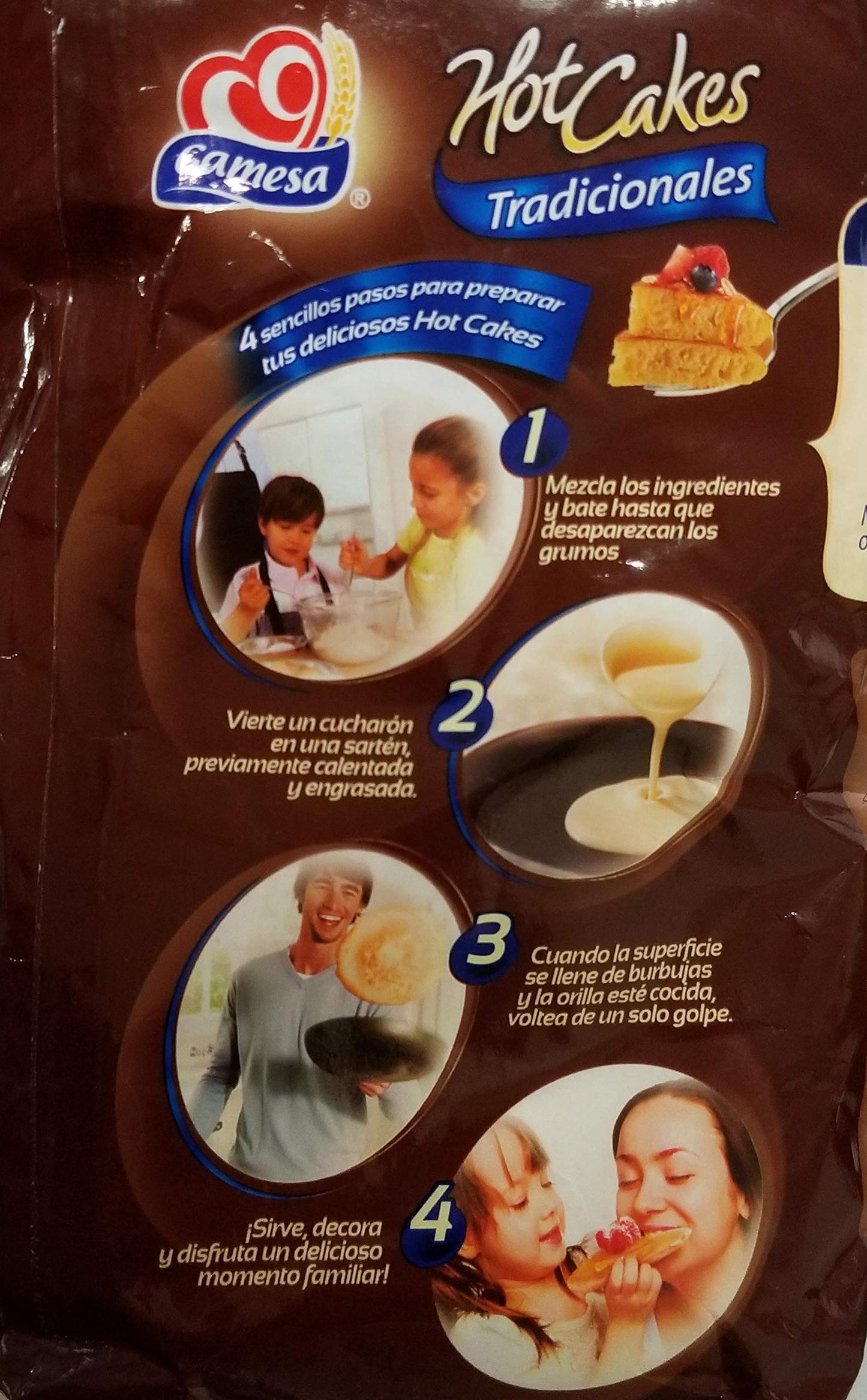 Gamesa Mexican Hot Cakes Pancake Mix. Wheat flour prepared and fortified to cook delicious and fluffy hot cakes. 1 bag (800grs)