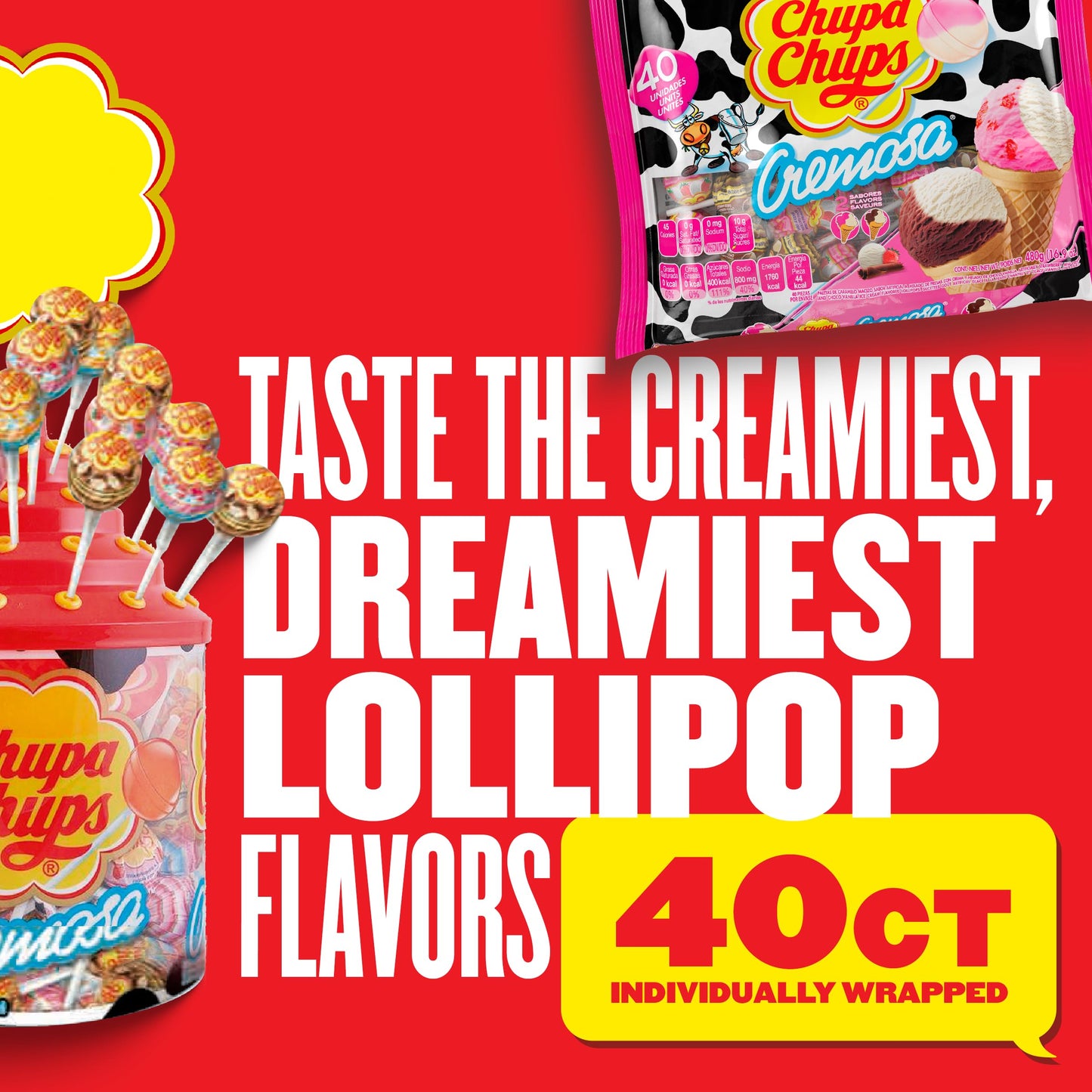 Chupa Chups Cremosa Lollipop Assortment, 2 Ice Cream Flavors, Individually Wrapped Candy for Kids, 16.9 Oz Bag (40 Suckers)