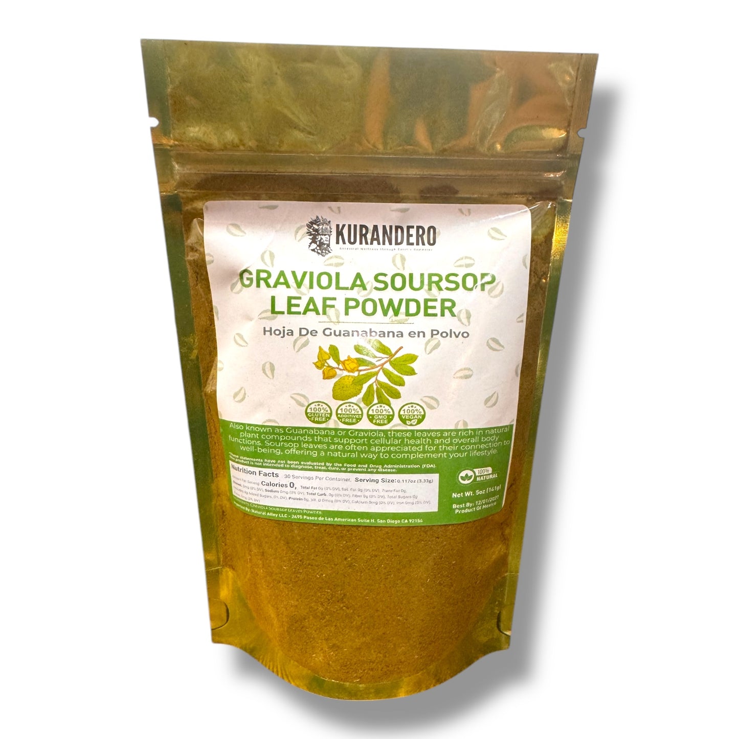 Kurandero - 5oz (170g) Pure Soursop Leaf Powder - 100% Natural Graviola (Hoja de Guanábana) | Gluten-Free, Sugar-Free, Vegan, No Additives | Premium Quality, Product of Mexico