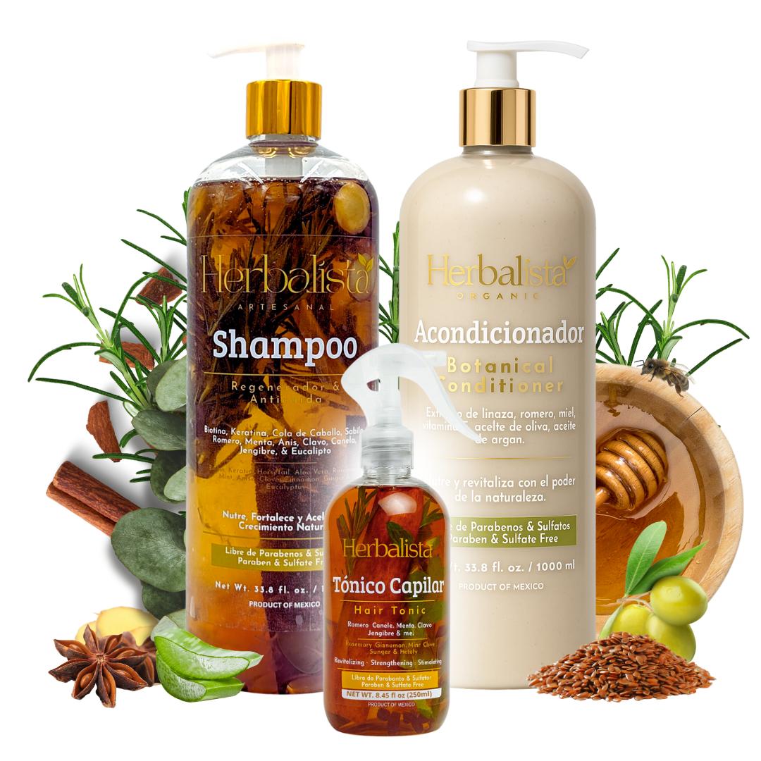 Herbalista Viral 3 Pack Herbal Hair Care Bundle – Shampoo & Conditioner 1000ml (33.8 fl oz) Each  + Tonico Capilar 250ml – With Real Botanicals – Paquete de 3 Piezas Shampoo & Acondicionador + Tonico Capilar – 100% Natural & Handcrafted
