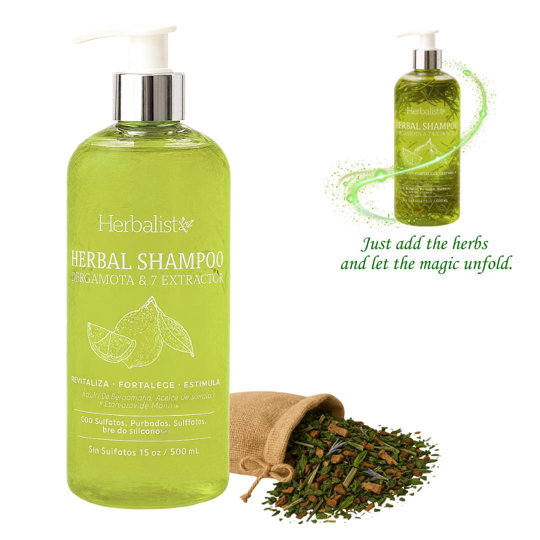 Herbalista Viral Bergamot Herbal Shampoo 500ml (16.9 fl oz) – With 7 Extracts: Rosemary, Ginger, Anise, Green Tea, Horsetail & Cinnamon – Add the Herbal Bag to Activate Benefits – Natural & Handcrafted